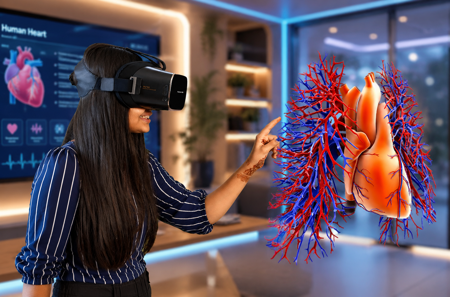 Student exploring a 3D human heart and lungs in VR