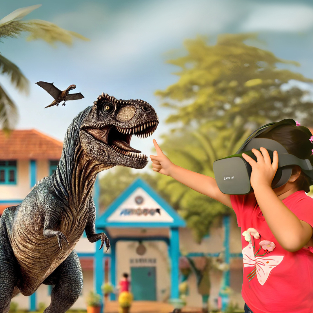 Young student meeting a dinosaur in VR at school