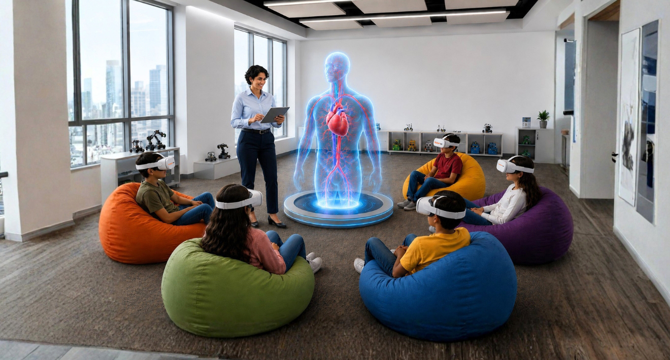 A class of students in a VR lab exploring a 3D human body with their teacher