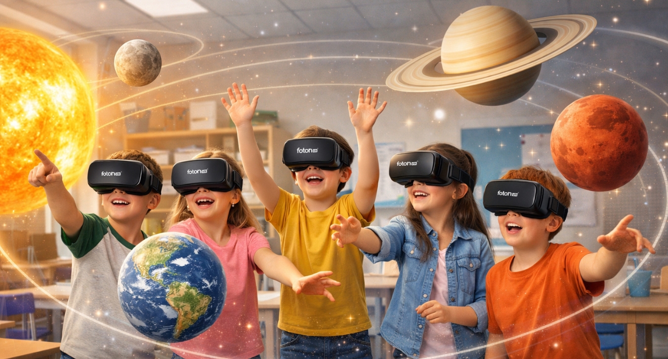 Children exploring the solar system together in VR