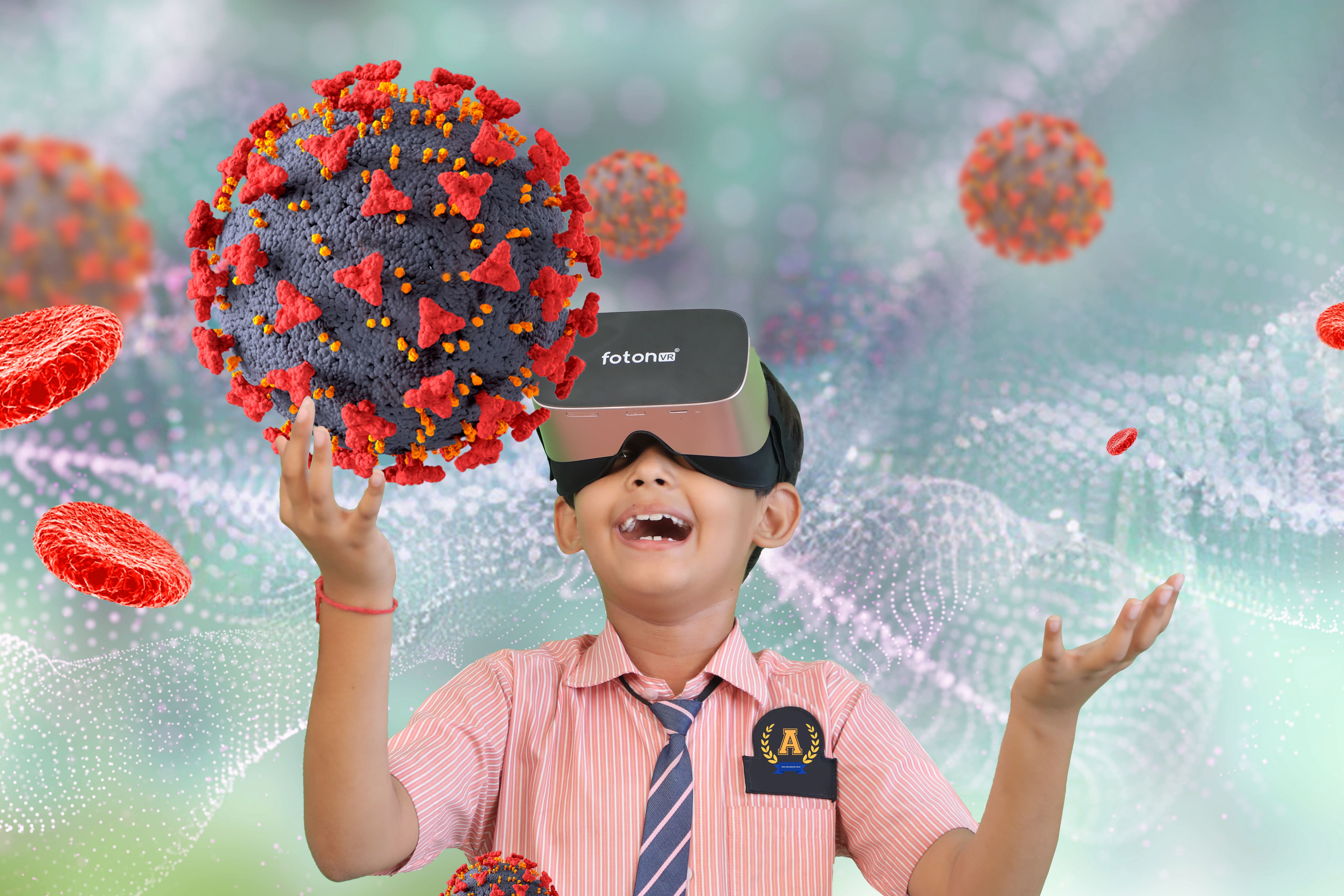 Student interacting with a virus model in VR